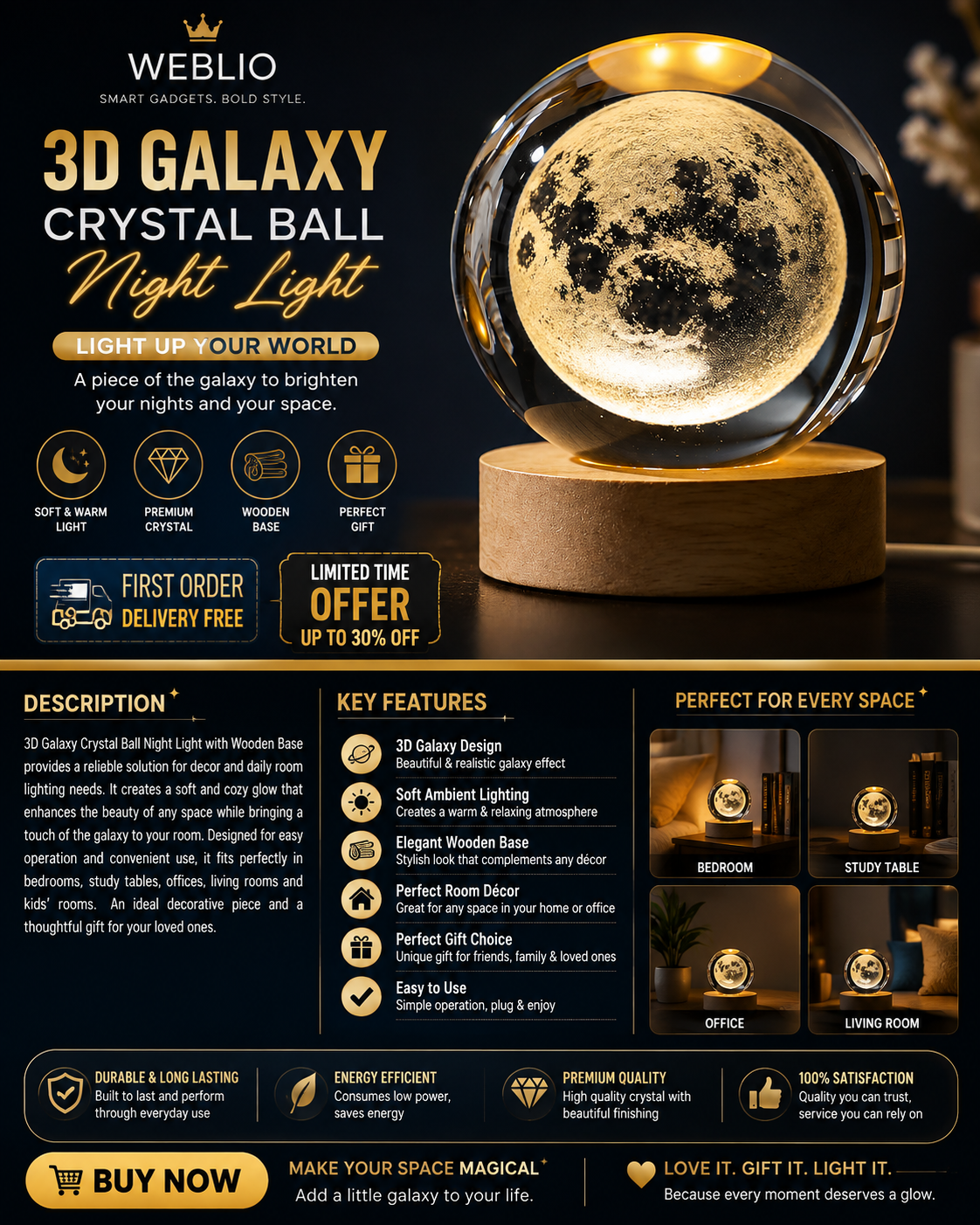 3d Galaxy Crystal Ball Night Light With Wooden Base - Decor Item Designed For Room Lighting And Daily Illumination Routine (Random Design)
